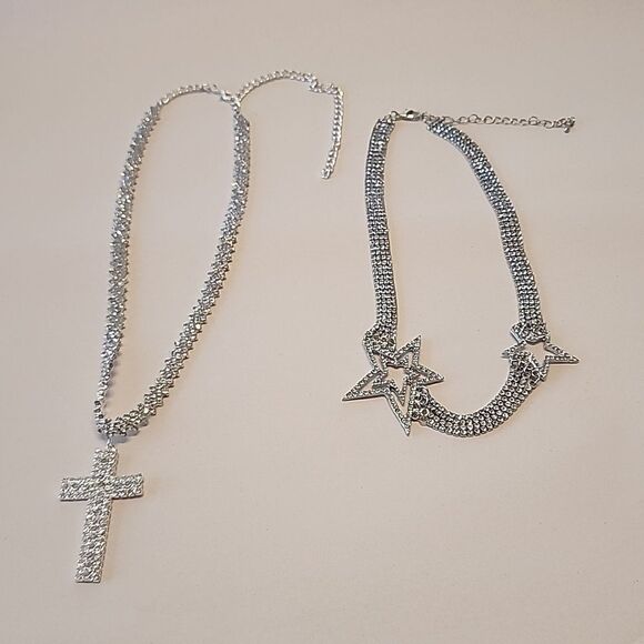 Cross and Star Crystal Rhinestone Necklaces Silver Tone - Picture 1 of 5